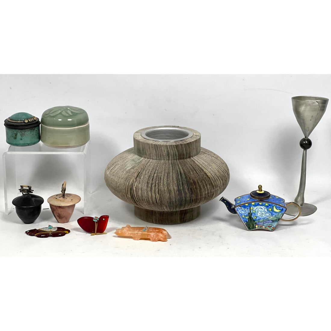 Artisan Lot.  Carved stone Zuni fetish animals. Enamel Kelvin Chen teapot miniature, Two artisan pot (1 of 15)