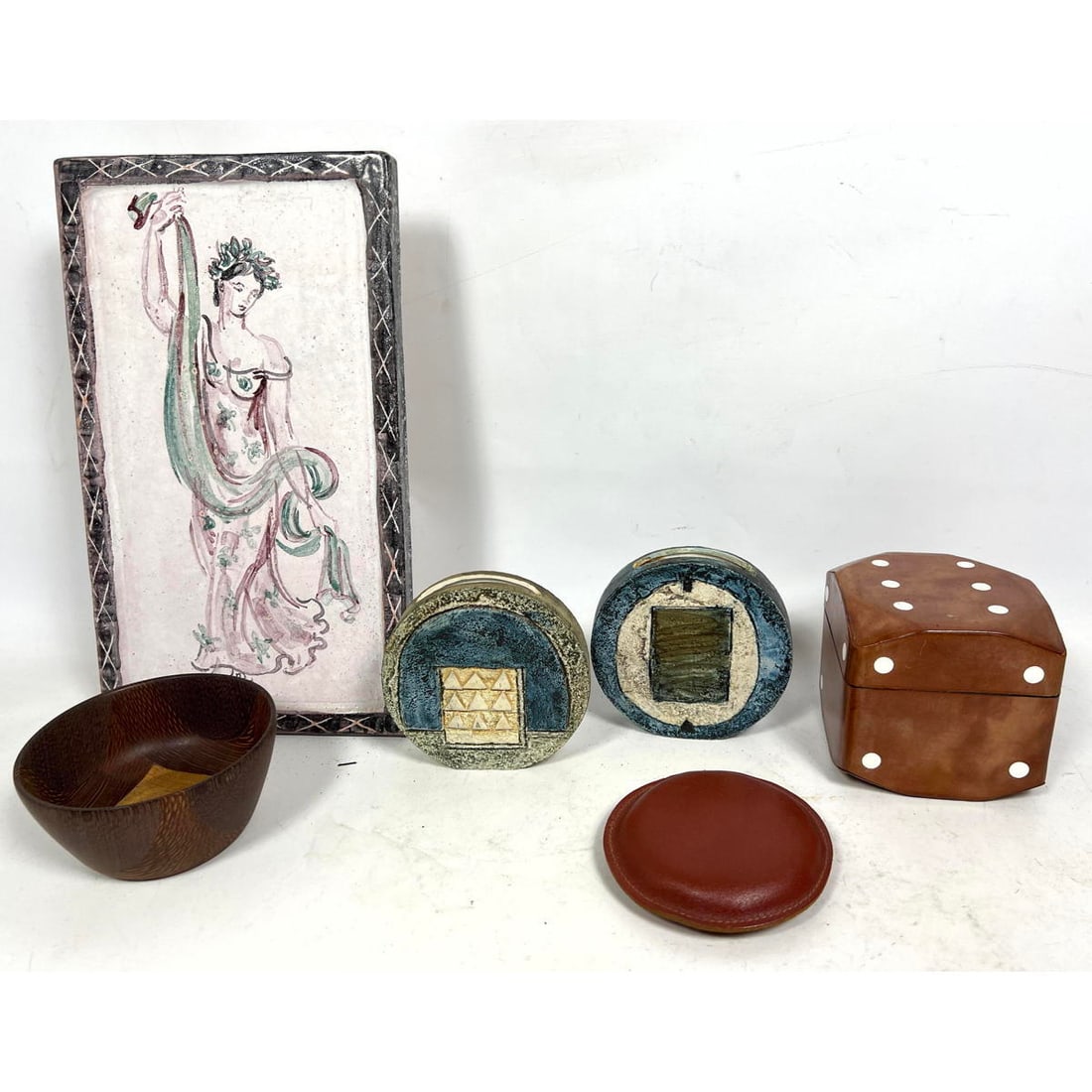 6pc Modernist Design Lot. 1)Mid Century Modern Glazed Ceramic Neoclassical Wall Plaque. "Spring". Si (1 of 15)