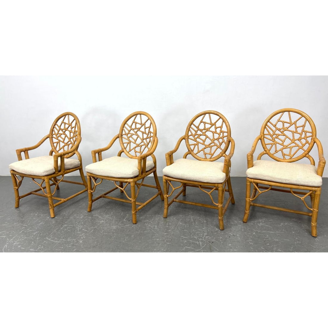 Mcguire Cracked Ice Dining Arm Chairs. Wrapped Bamboo Form.: Mcguire Cracked Ice Dining Arm Chairs. Wrapped Bamboo Form. Dimensions: Height: 36 inches, Width: 22 inches, Depth: 21 inches. - Seat Height: 18.5 inches ---