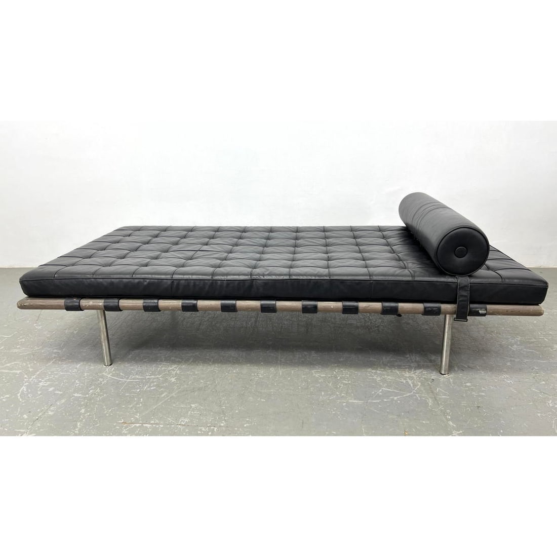 Leather Barcelona Daybed  in style of Van der Rohe. Tufted black upholstery. BOLSTER Pillow. #2 (1 of 13)