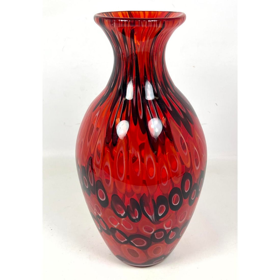Art glass vase. Modernist Artisan Studio Glass. Rich red form with colored design elements. No signa (1 of 17)