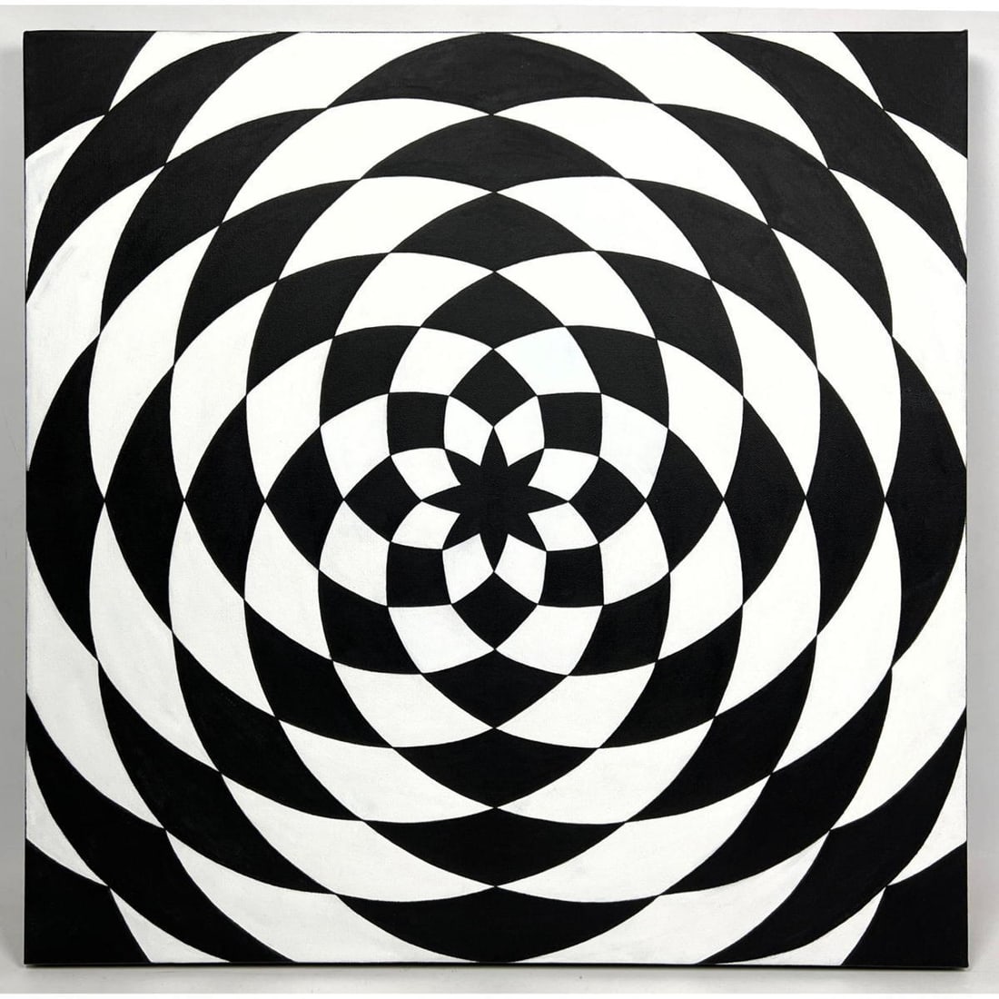 TIM RAY FISHER Painting OP ART expanding star Black and White square Modernist Painting. Signed on B: TIM RAY FISHER Painting OP ART expanding star Black and White square Modernist Painting. Signed on Back. Acrylic on canvas. Dimensions: Height: 24 inches, Width: 24 inches. --- US Packing and Shipping