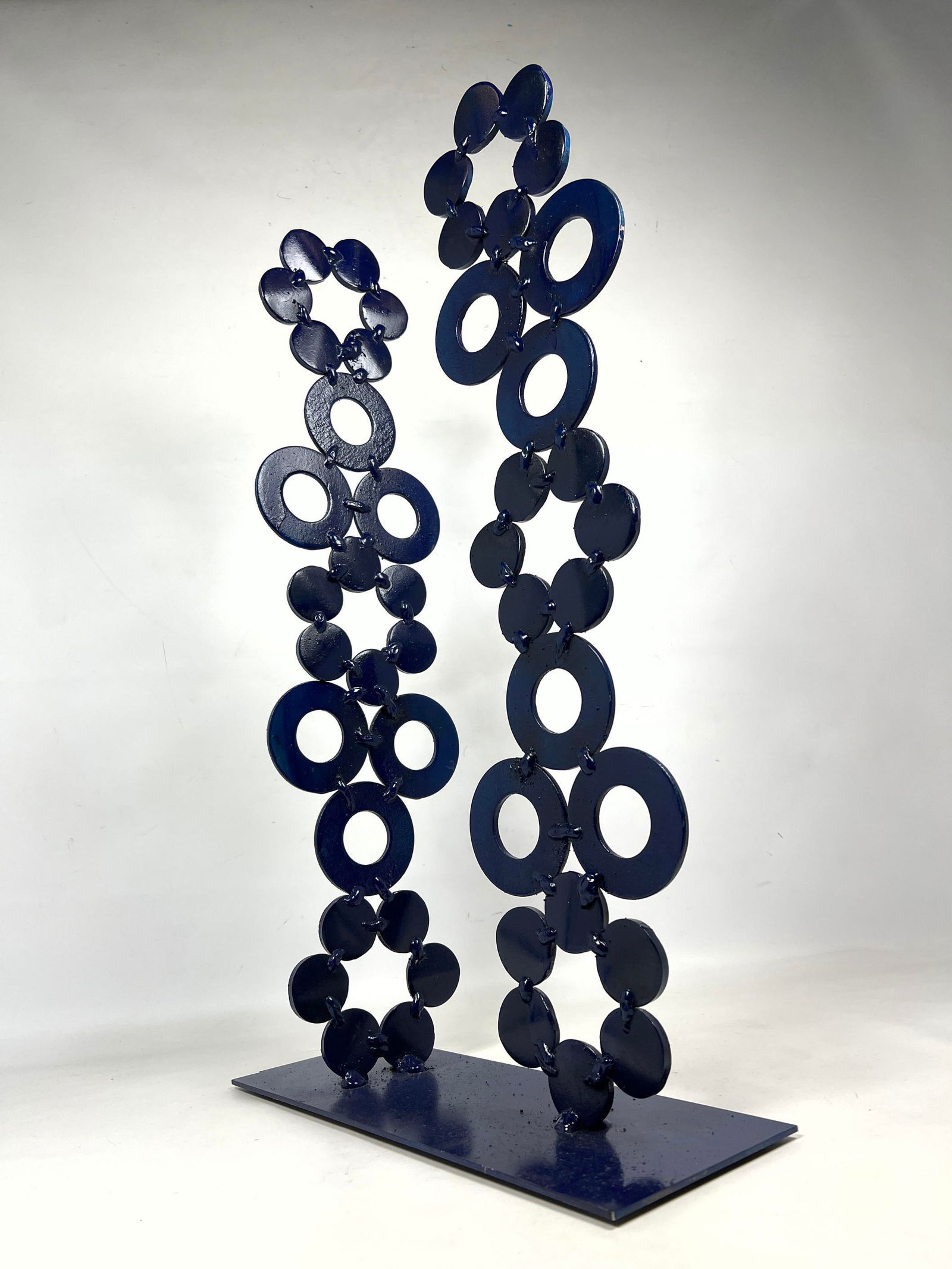 Joe Seltzer Table Steel Sculpture, Navy Blue Towers. Two sizes of found steel circles and washers, f (1 of 11)