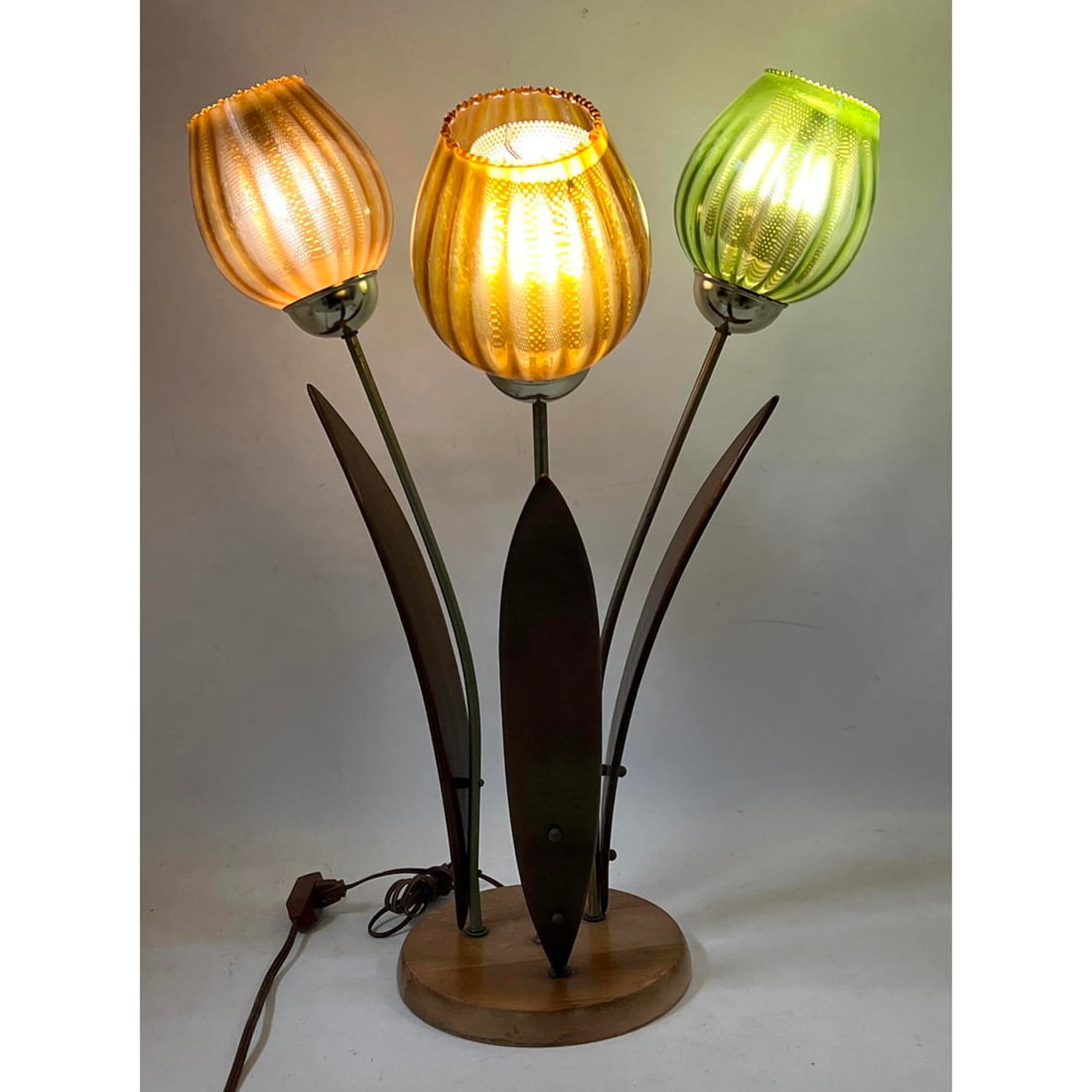 Mid Century Modern Glass Tulip style Table Lamp. Walnut Base with Wood Leaves and flower shaped shad (1 of 9)