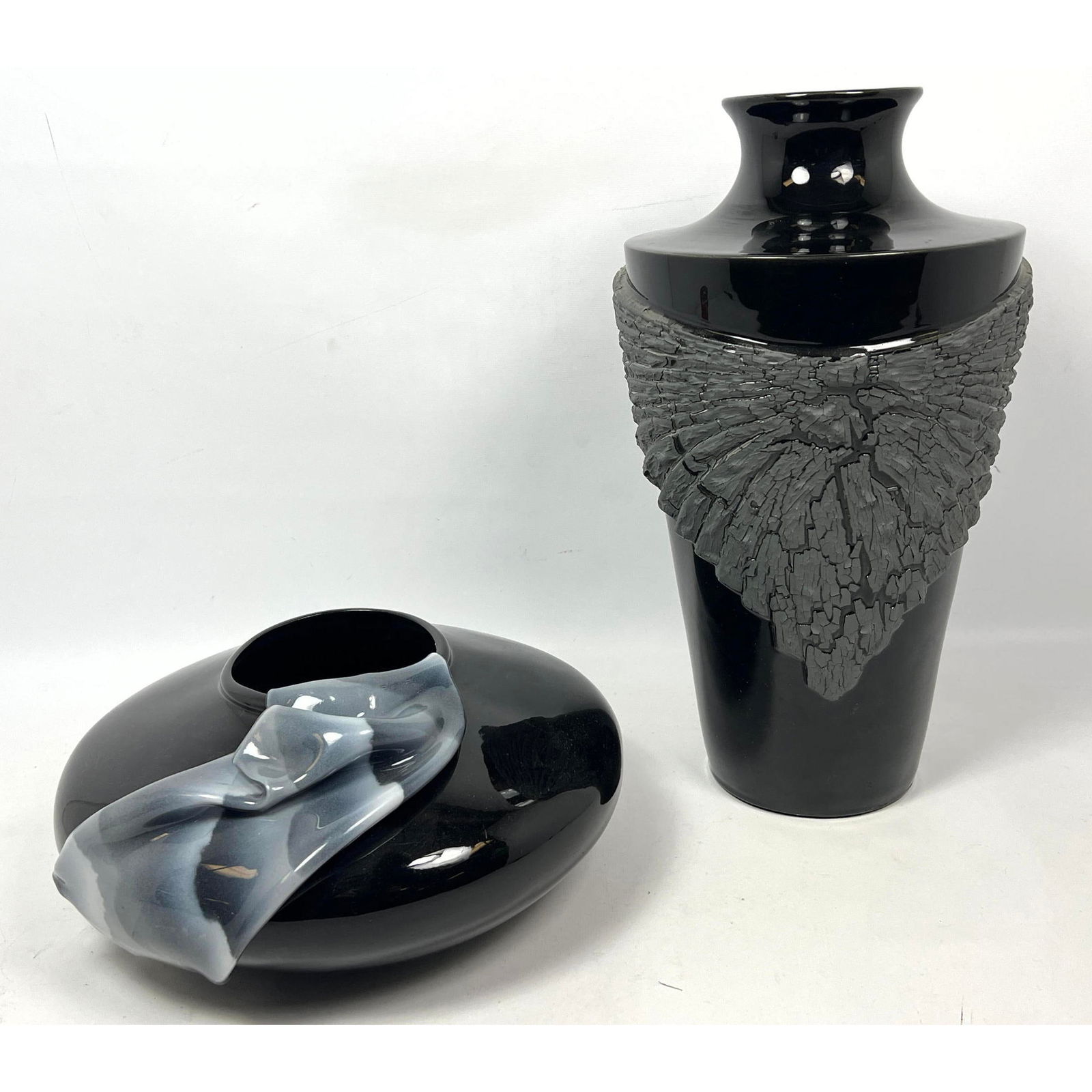 2pc Van Teal Black Vases with Sculptural applied details. Modernist. Both marked. Glass and Acrylic.: 2pc Van Teal Black Vases with Sculptural applied details. Modernist. Both marked. Glass and Acrylic. Dimensions: Height: 16 inches, Width: 8.5 inches, Depth: 8.5 inches. ---