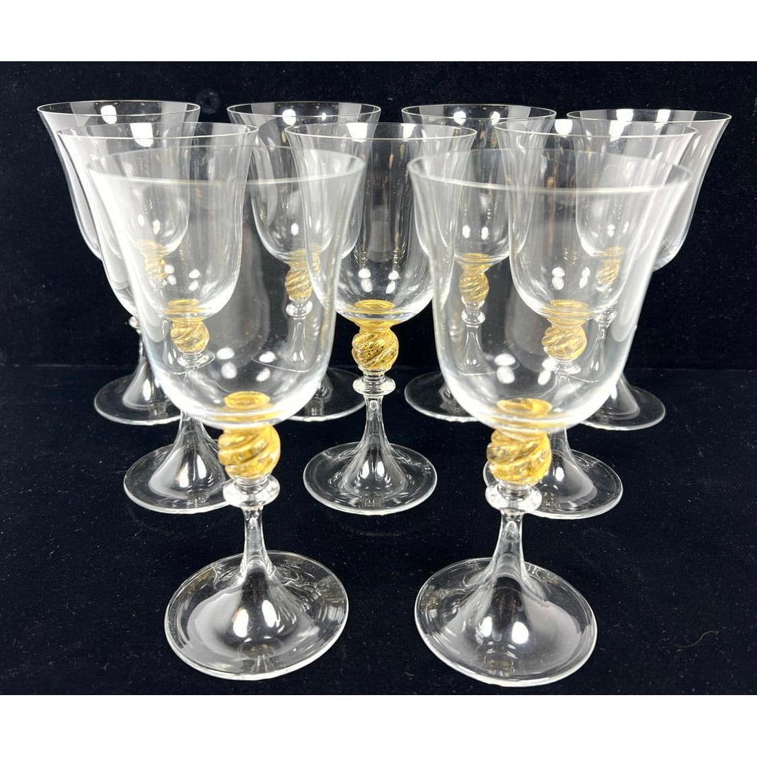 Set 9 SEGUSO GIANNI PERSEPOLIS Murano Wine Glasses. Gold highlights. Stemware: Set 9 SEGUSO GIANNI PERSEPOLIS Murano Wine Glasses. Gold highlights. Stemware Dimensions: Height: 7.25 inches, Width: 3.5 inches, Depth: 3.5 inches. --- US Packing and Shipping charge: In house shippi