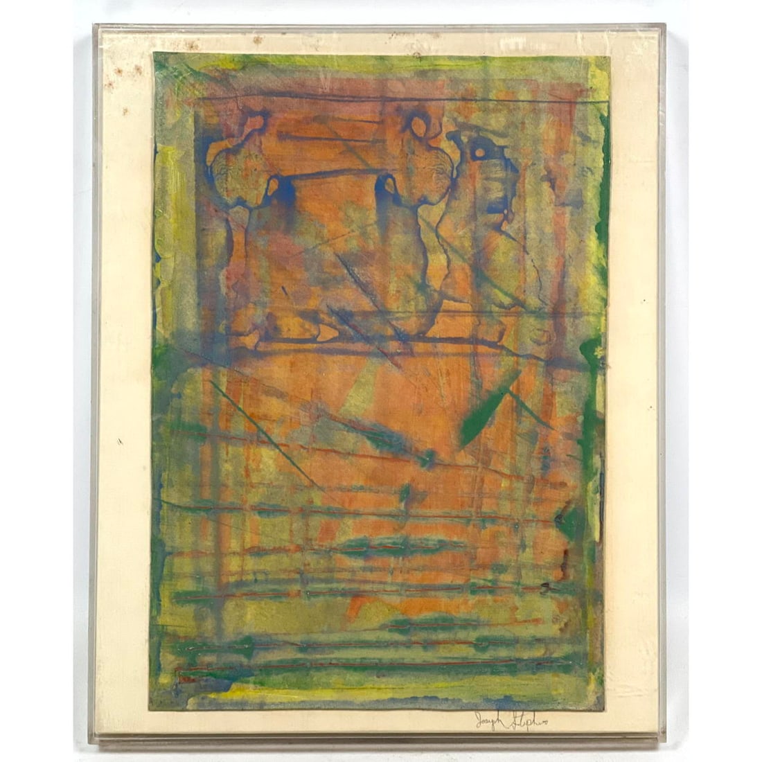 Signed Small Abstract Painting Modernist piece possibly signed Joseph Stephens. Lucite box frame. (1 of 7)
