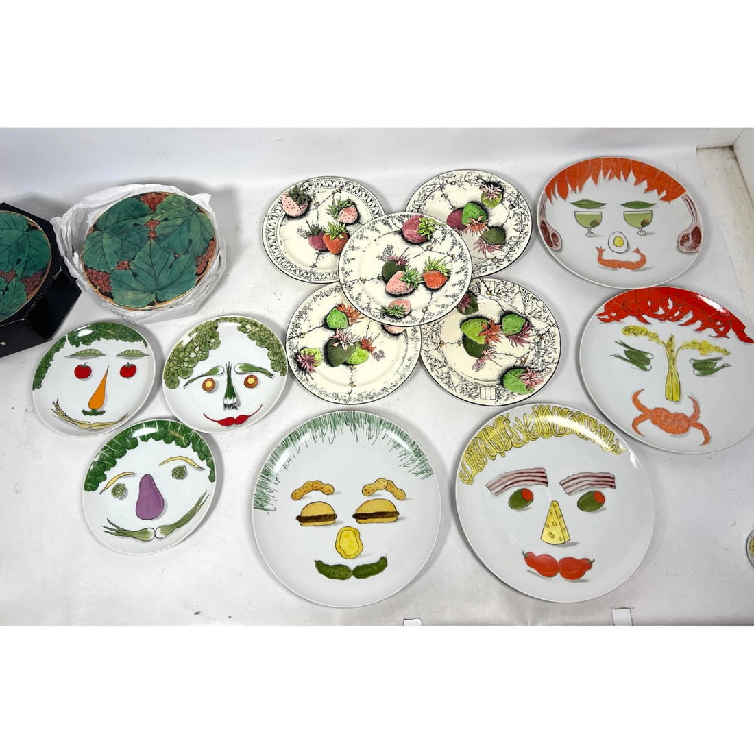 Collection of Stylish Dessert Plates. Leaves. Faces. Strawberries. Fornasetti style. (1 of 11)