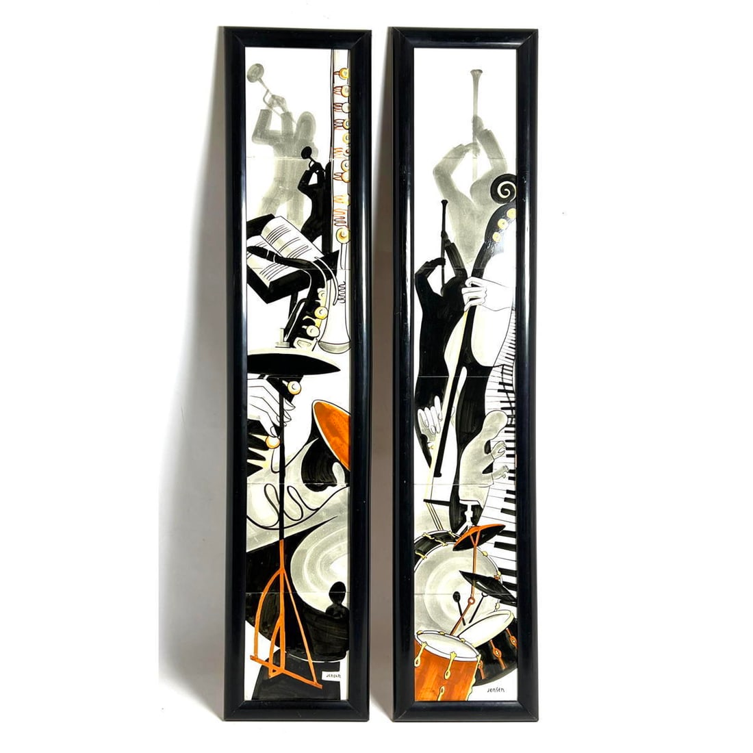 Pair JENSEN Vintage Jazz Theme Framed Wall Tiles. Music, Horn, Keyboard themed.  signed Jensen (1 of 11)
