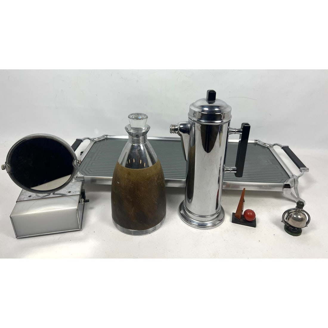 Mid Century Modern Table Accessories. Chrome Art Deco Cocktail Shaker. Bell. Light Up Vanity Mirror.: Mid Century Modern Table Accessories. Chrome Art Deco Cocktail Shaker. Bell. Light Up Vanity Mirror. Decanter and Hot Plate Dimensions: Height: 13 inches, Width: 7 inches, Depth: 4.5 inches. - Additio