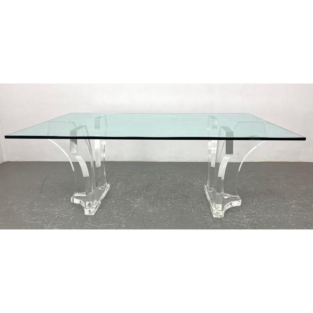 Lucite Double Pedestal Base Glass Top Dining Table. Modernist. Thick glass top. (1 of 9)