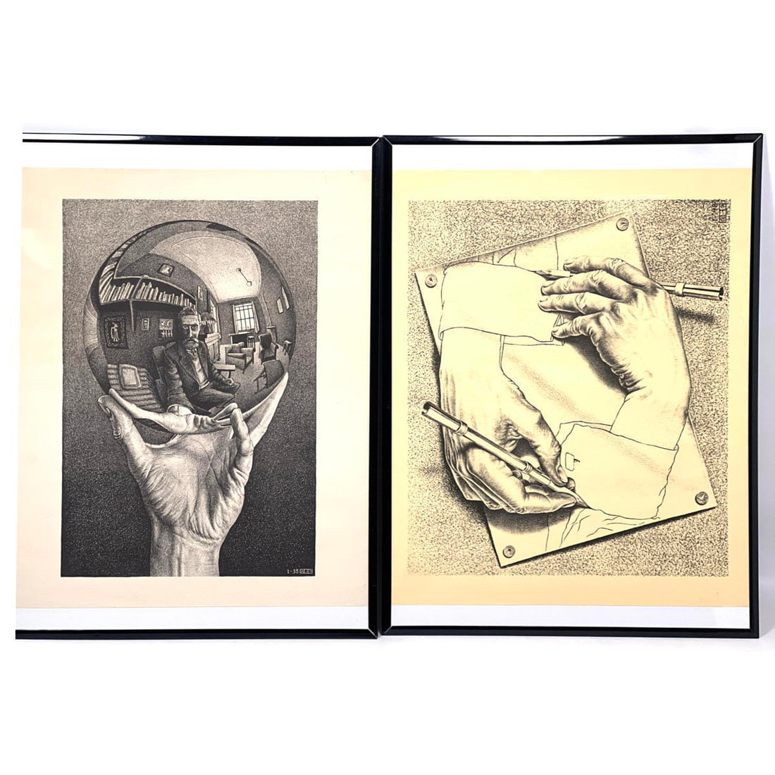 2pc MC ESCHER Lithographs. Self Portrait and hands. Unsigned. (1 of 9)