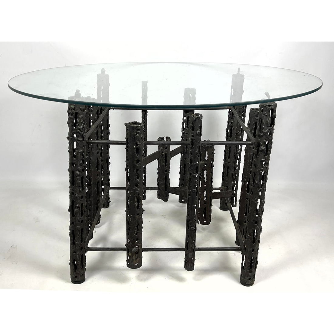 Brutalist steel round end table. Signed M (1 of 9)