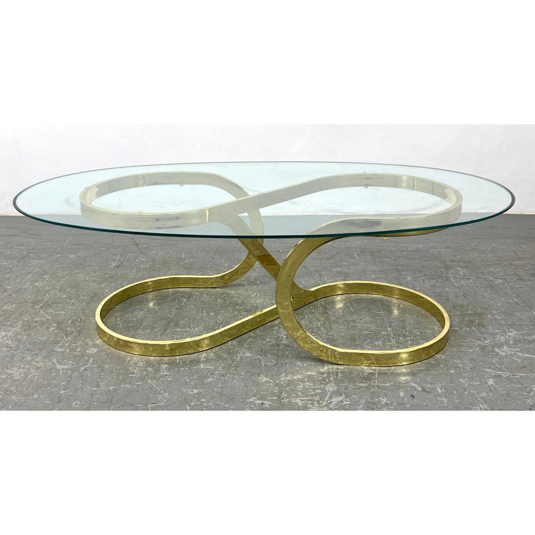 Milo Baughman style Brass Frame Cocktail Table. Twisted Organic form brass base supports oval glass (1 of 8)