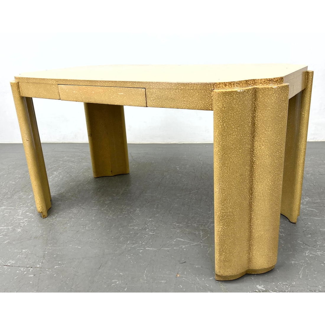 Karl Springer Style Desk Console Table. Art deco oil spot finish desk.  Architectural legs. (1 of 12)