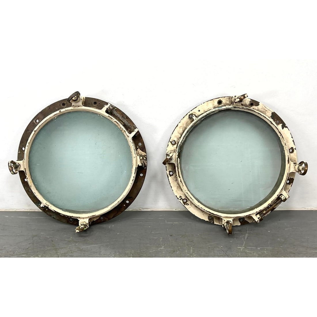 2pc Large Vintage Brass Port Hole Windows. Industrial  Metal Frames painted white. (1 of 5)