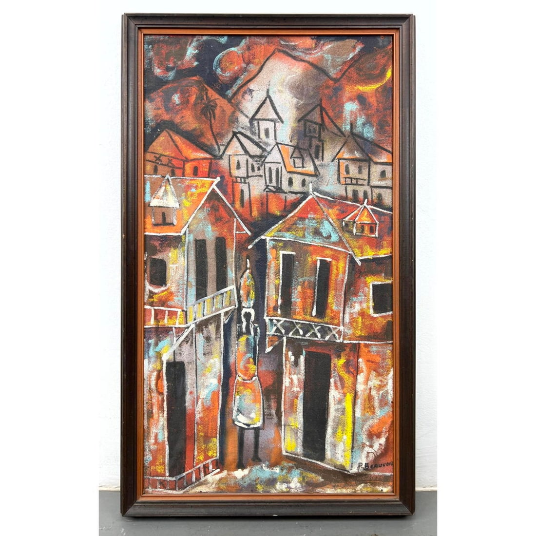 P BEAUVOIR Haitian Painting. Modernist Village Scene on Masonite. Signed.: P BEAUVOIR Haitian Painting. Modernist Village Scene on Masonite. Signed. Dimensions: Frame Height: 33.5 inches, Frame Width: 19 inches, Depth: 2 inches. - Image Size: Image Height: 30 inches, Image W