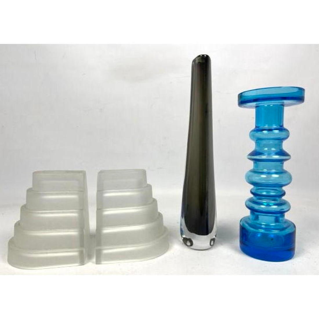 3pcs Mid Century Modern Art Glass. Orrefors, Stepped deco bookends, Blue glass. (1 of 15)