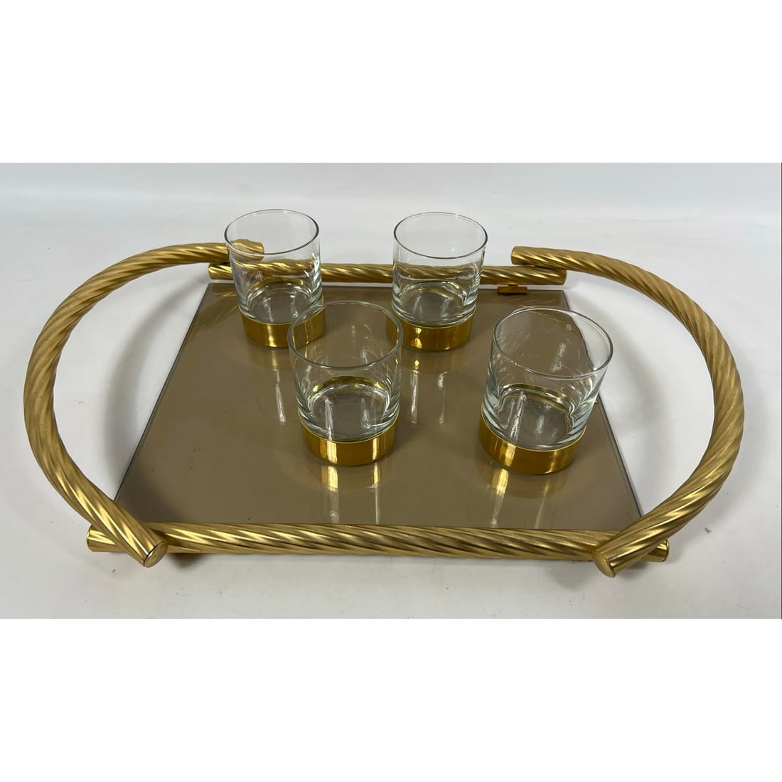 CHRISTIAN DIOR Gilt Metal Serving Tray Glasses. Twisted Metal Trim. Marked. (1 of 10)