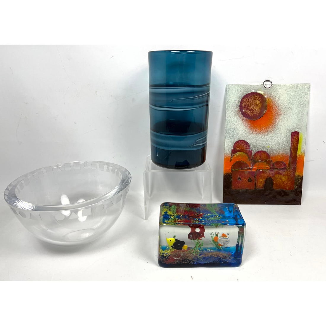 Art Glass Lot. Ward Bennett Sasaki Postmodern Bowl. Fused Glass Wall Hanging. Blue Glass Vase and G: Art Glass Lot. Ward Bennett Sasaki Postmodern Bowl. Fused Glass Wall Hanging. Blue Glass Vase and Graal Glass Fish Aquarium Dimensions: Height: 9 inches, Width: 5 inches, Depth: 5 inches. --- US Packi