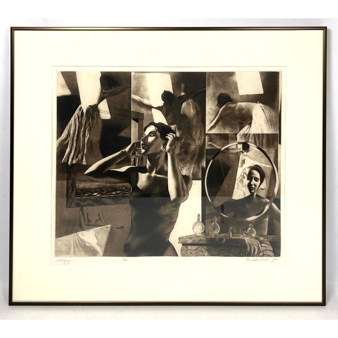 DAVID BUMBECK 1981 Intaglio Print. "Soliloquy " #58/60. Artist Information on reverse.: DAVID BUMBECK 1981 Intaglio Print. "Soliloquy " #58/60. Artist Information on reverse. Dimensions: Frame Height: 22 inches, Frame Width: 24.25 inches. - Image Size: Image Height: 15.75 inches, Image W