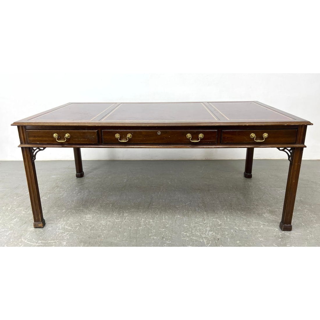 L and JG STICKLEY Leather Top Desk Writing Table. Asian style Trim at leg tops. Brass Pulls. Marked. (1 of 14)