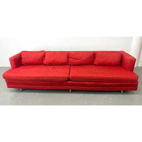Vintage Edward Wormley Style Even Arm Long Sofa. Modernist design couch has brushed gold tone alumin (1 of 9)