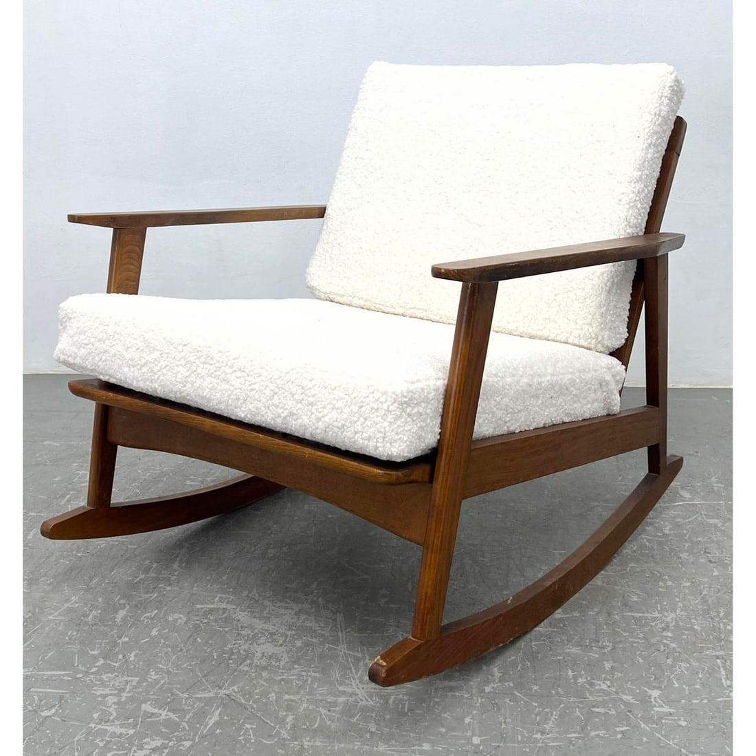 Midcentury modern  walnut rocker. American modern. New reupholstered in white boucle fabric. (1 of 10)