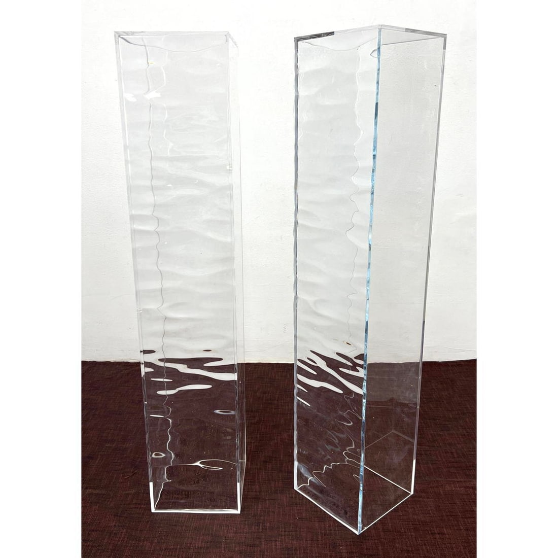 Pr 39" Tall Lucite Acrylic Column Display Pedestals. Wavy rippled design front. Tall and Narrow. (1 of 8)