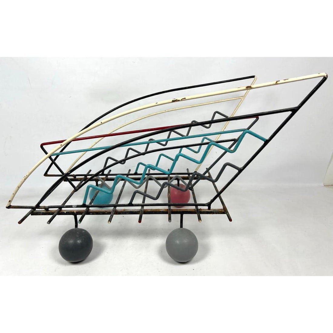 Memphis style Polychrome Painted Metal Magazine Rack. Colored Wood Ball Feet. (1 of 12)