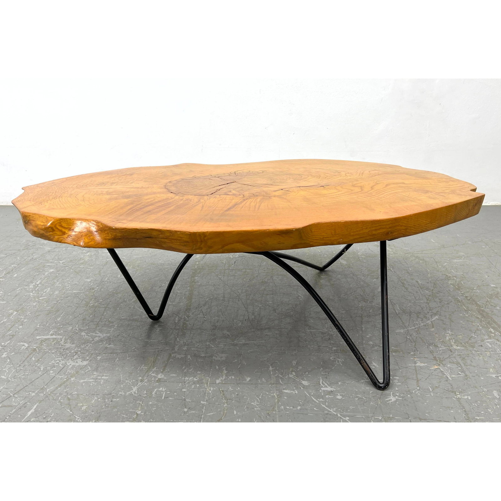 Coffee table from a single slab of ash wood. Signed on bottom, dated 1953 with iron legs: Coffee table from a single slab of ash wood. Signed on bottom, dated 1953 with iron legs Dimensions: Height: 13 inches, Width: 37 inches, Depth: 24 inches. ---