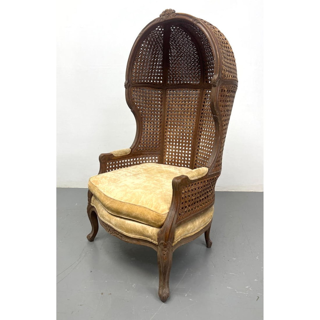 MARIANE GARCIA Spanish Caned Hooded Lounge Chair. Wood Frame with French style Carving. Caned arm si (1 of 16)