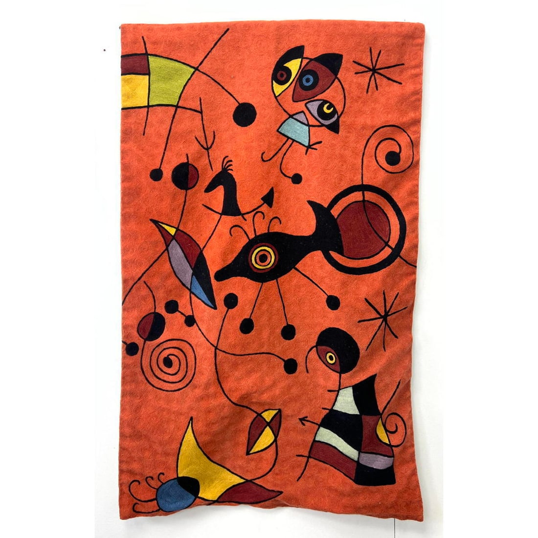 Joan Miro Style embroidered Fabric Tapestry. Rich colors and playful images. No marked found. (1 of 9)