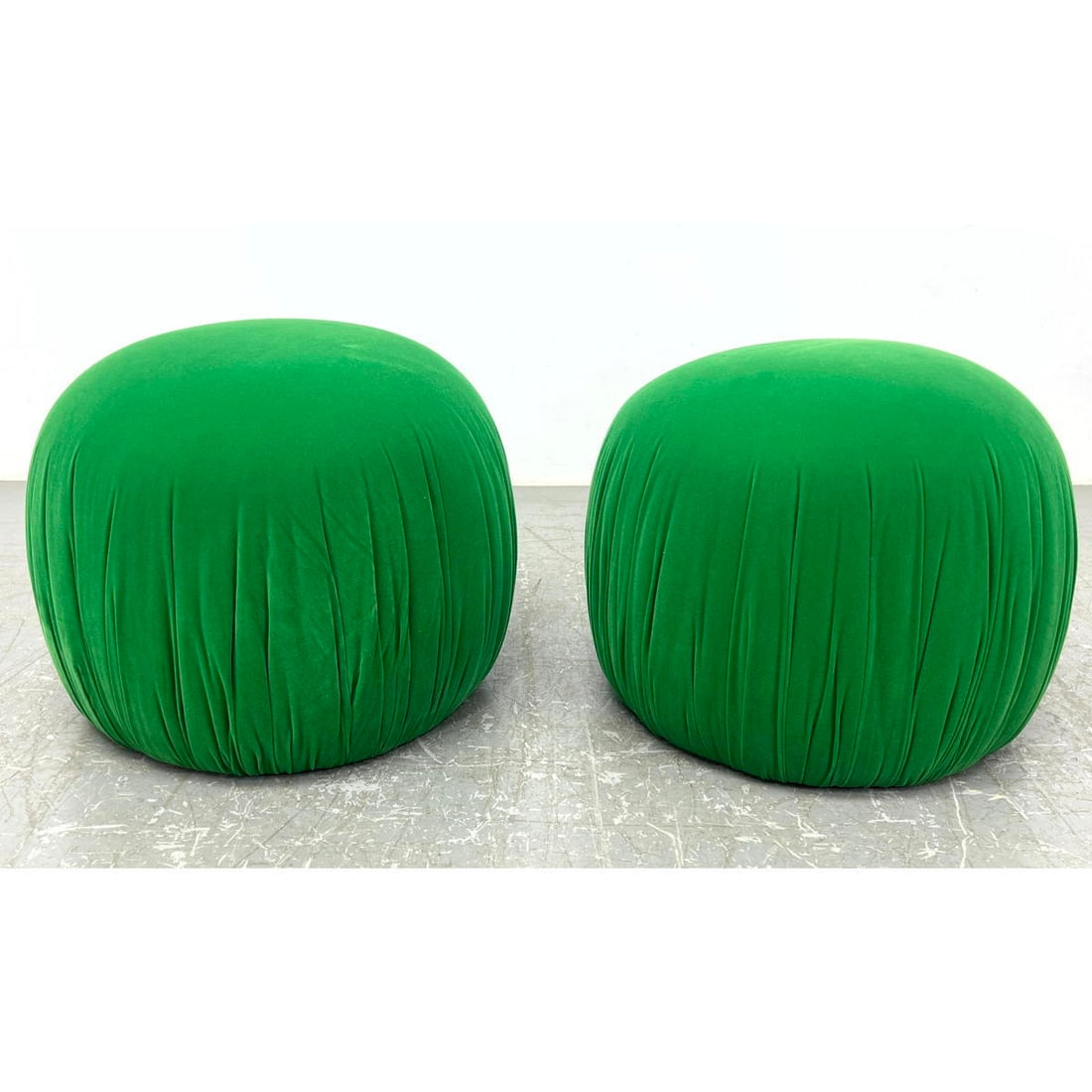 Pr Green Fabric Pouf Stools Ottomans. Richly colored upholstery. (1 of 8)