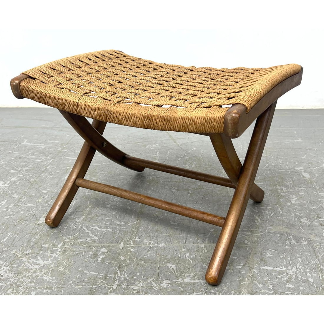 Hans Wegner style Modernist foot stool. Folding Stool Bench with woven rush top. (1 of 15)