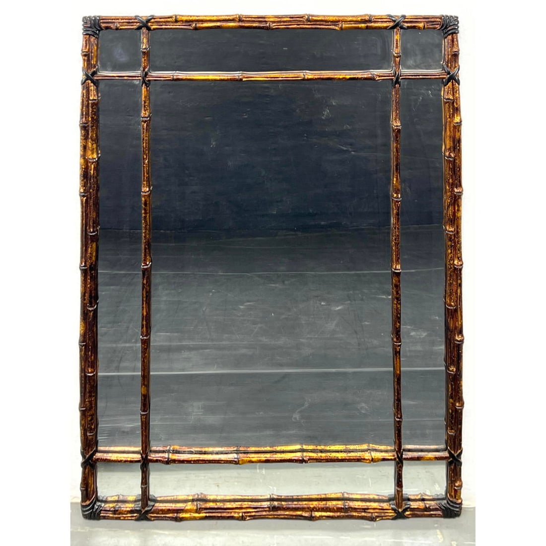 CARVERS' GUILD Decorator Mirror. Tortoise Finish Faux Bamboo Frame. Black Faux Wrapped Details. (1 of 6)