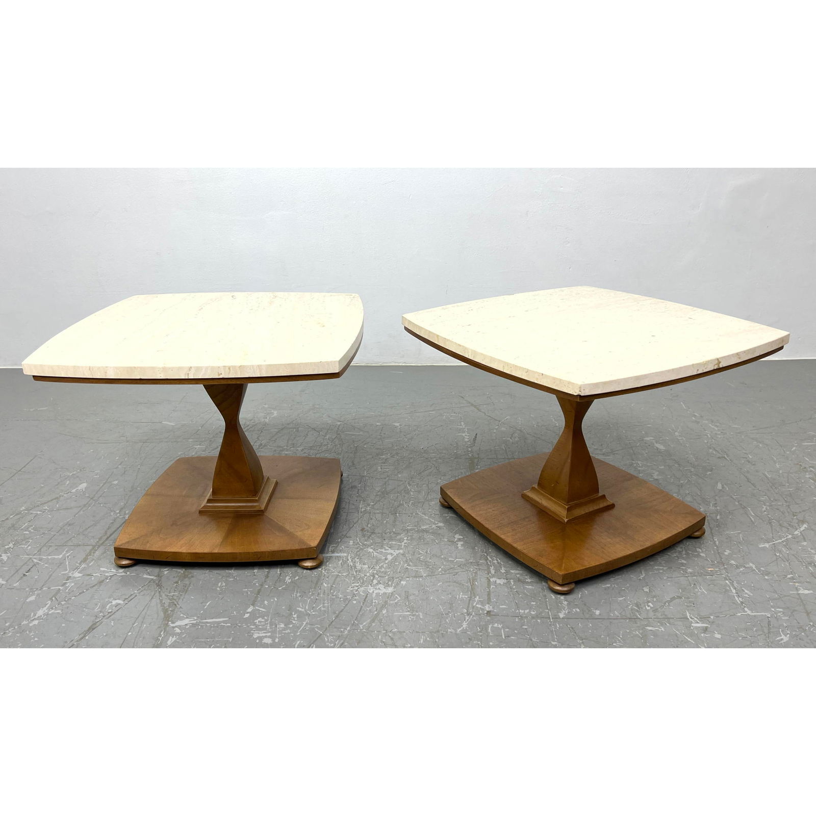 Pr Travertine Marble Modernist Side End Tables. Shaped tops rest on corseted pedestal bases. (1 of 11)