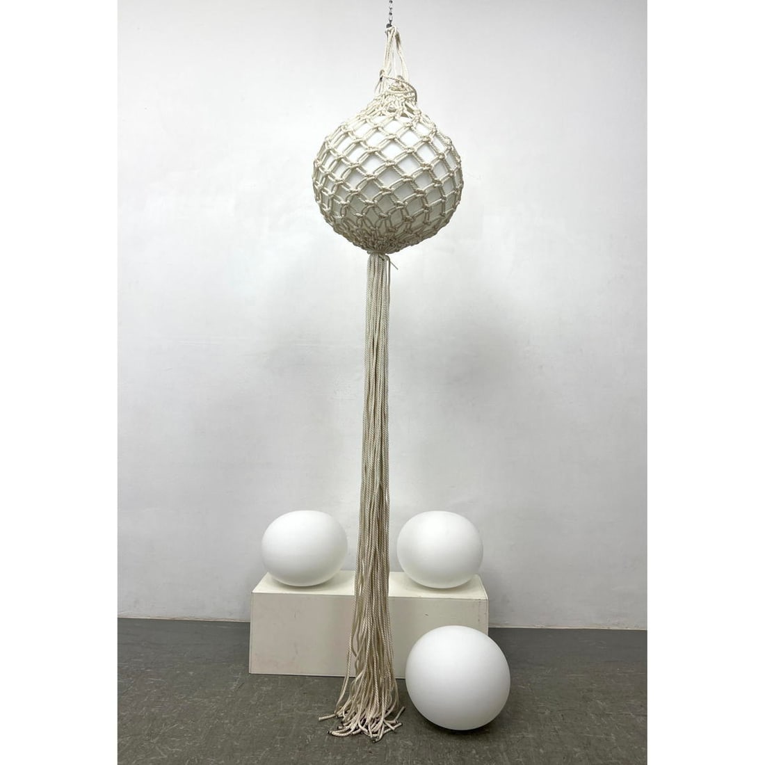 4pc FLOS Ball Globe Shade Lamps. Lot includes 1 woven knotted string webbed netting with long fringe (1 of 15)