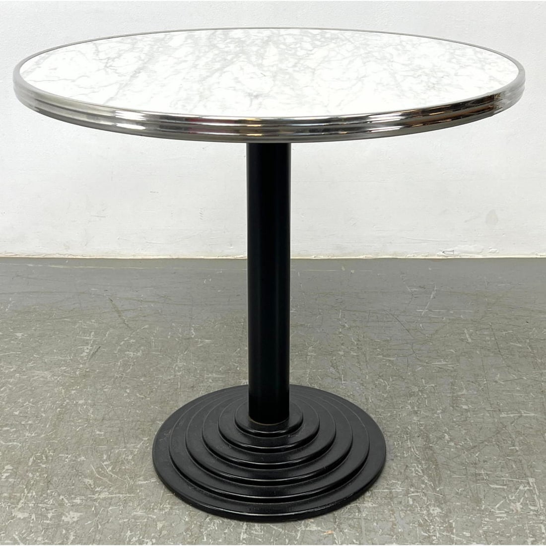 Round Marble Top Cafe Breakfast Table. Black iron pedestal with stepped base. (1 of 8)