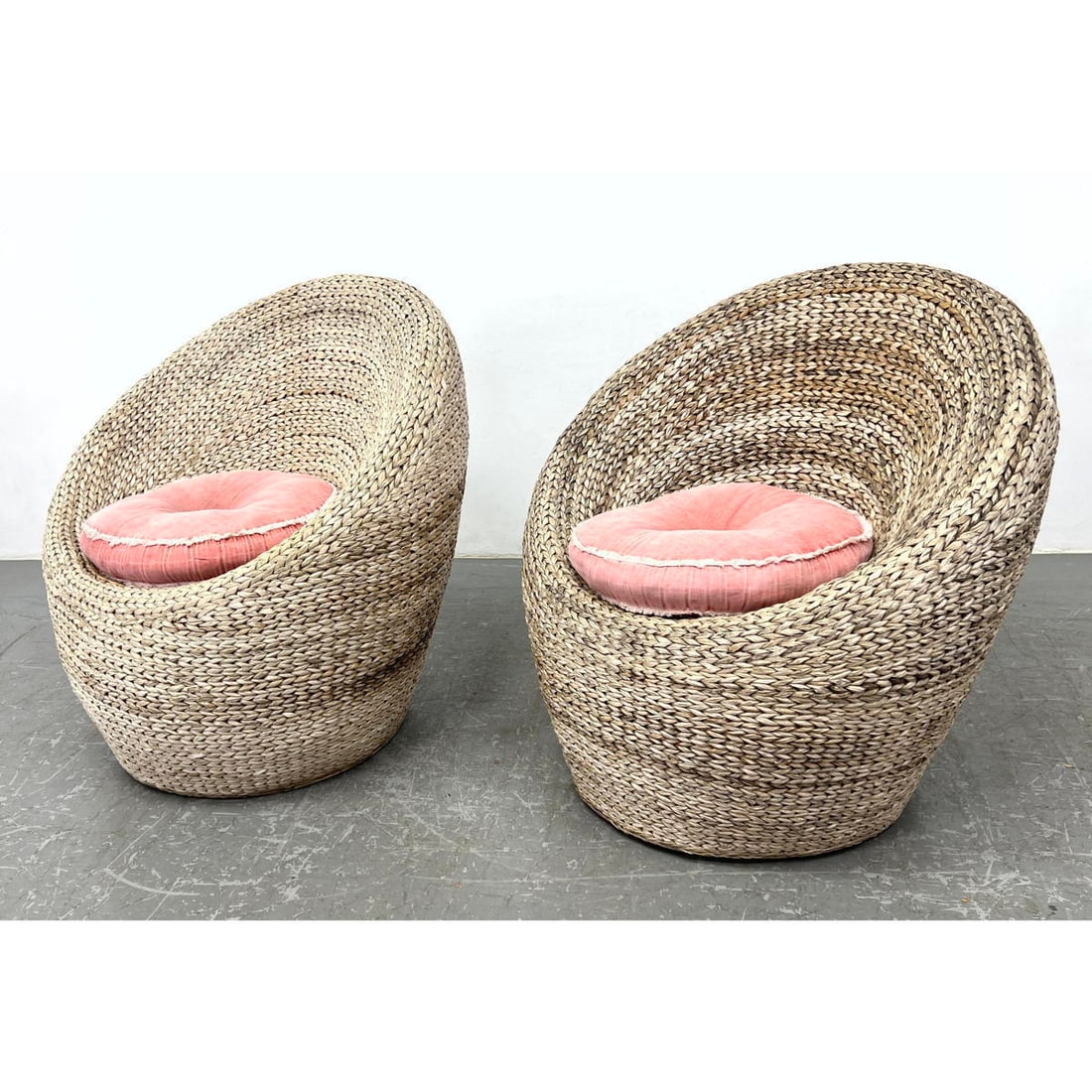 Pr Woven Braided Seagrass Lounge Chairs. Pillow cushion seats. Modernist Seating.: Pr Woven Braided Seagrass Lounge Chairs. Pillow cushion seats. Modernist Seating. Dimensions: Height: 31 inches, Width: 32 inches, Depth: 27 inches. - Seat Height: 18 inches ---