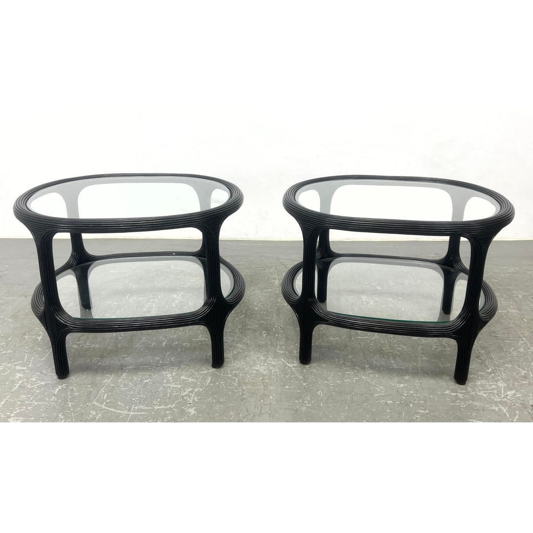 Pair Oval Pencil reed side glass top end tables.  Black Finish. (1 of 10)