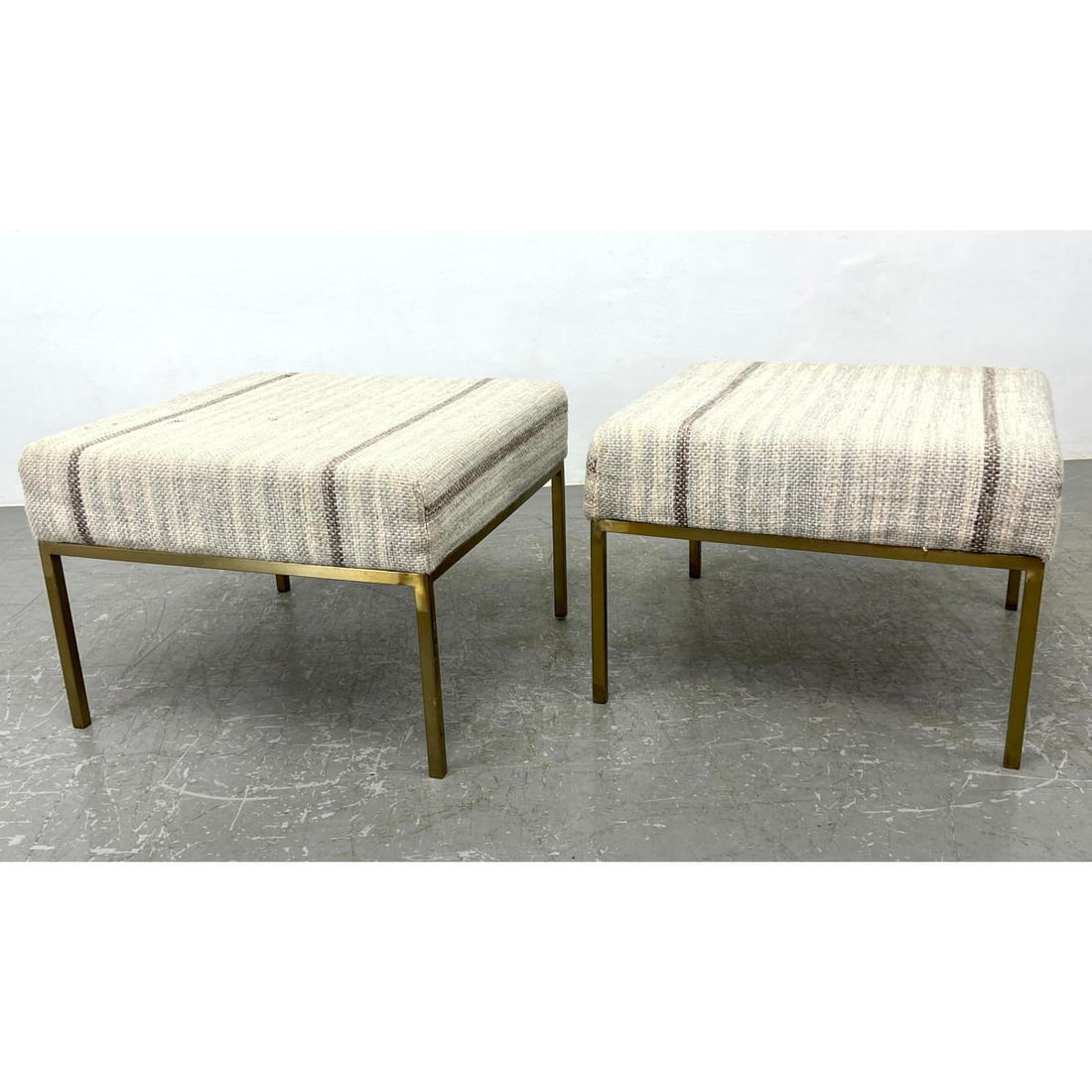 Modernist Upholstered Ottomans Benches. Paul McCobb style Metal Frames. Striped upholstery. (1 of 11)