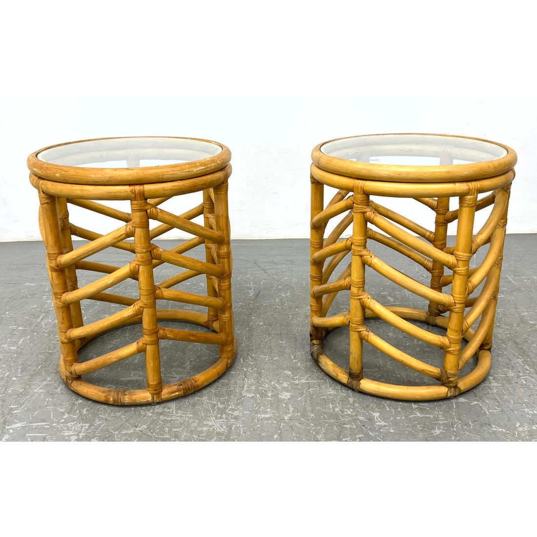 Pr Miami Modernism Rattan bamboo Side Tables. Round column form with round glass tops. (1 of 10)