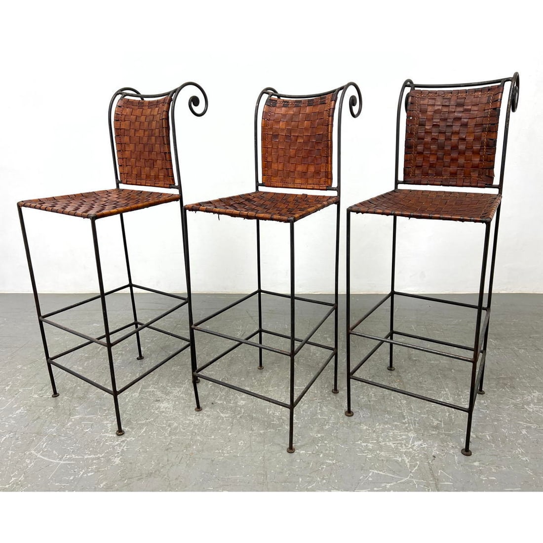 Set 3 Woven Leather Black Iron Frame Bar Stools. Brown leather strap seats and backs. Iron and scrol (1 of 10)