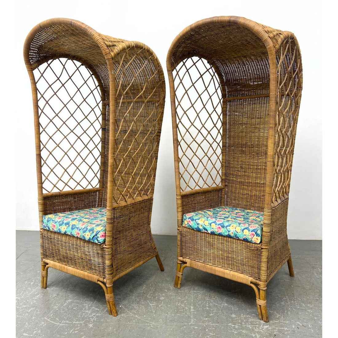 Pr Hooded Woven Wicker Lounge  Chairs. Tall Woven Backs with open diamond design woven sides. Seat c (1 of 13)
