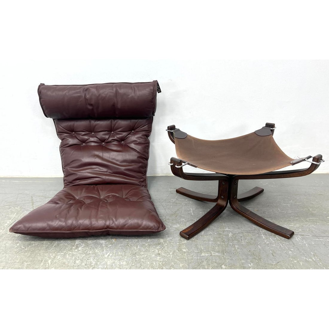 Danish Modern Sigurd Ressell Vatne M?bler Norway Falcon Chair Leather Sling cushion and Ottoman with: Danish Modern Sigurd Ressell Vatne M?bler Norway Falcon Chair Leather Sling cushion and Ottoman without cushion. Dimensions: Height: 15 inches, Width: 21 inches, Depth: 21 inches. ---