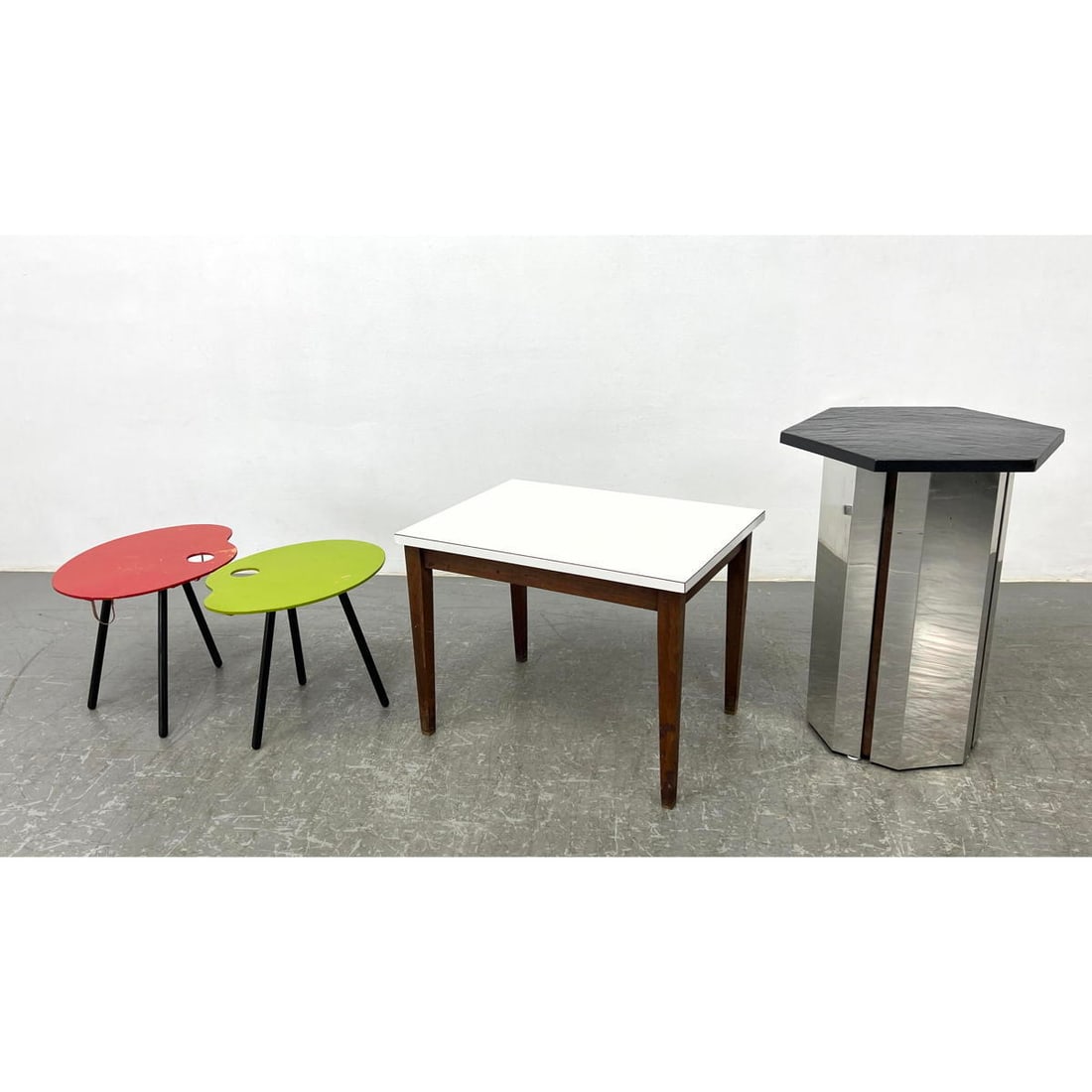 4pc Modernist Table Lot. Two Colorful Palette Theme Side Tables. 3). White Laminate Top Wood Leg Sid (1 of 20)