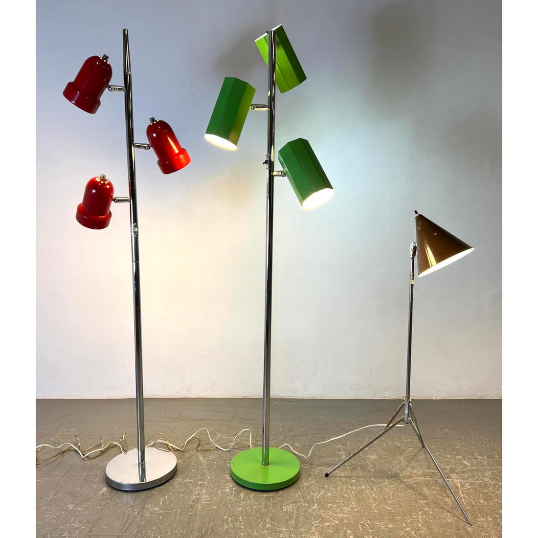 3pc 70s Mod Mid Century Modern Floor Lamps. Colored enameled shades on chrome. (1 of 16)