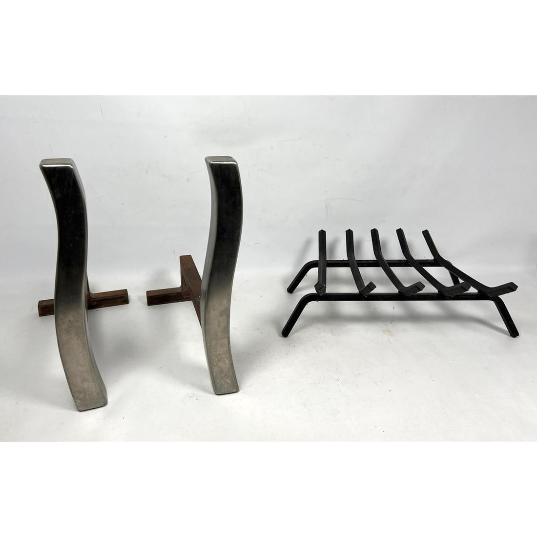 Pr Modernist Chrome Curved Metal Andirons. PLUS Iron Log Holder. Fireplace Accessories. (1 of 8)