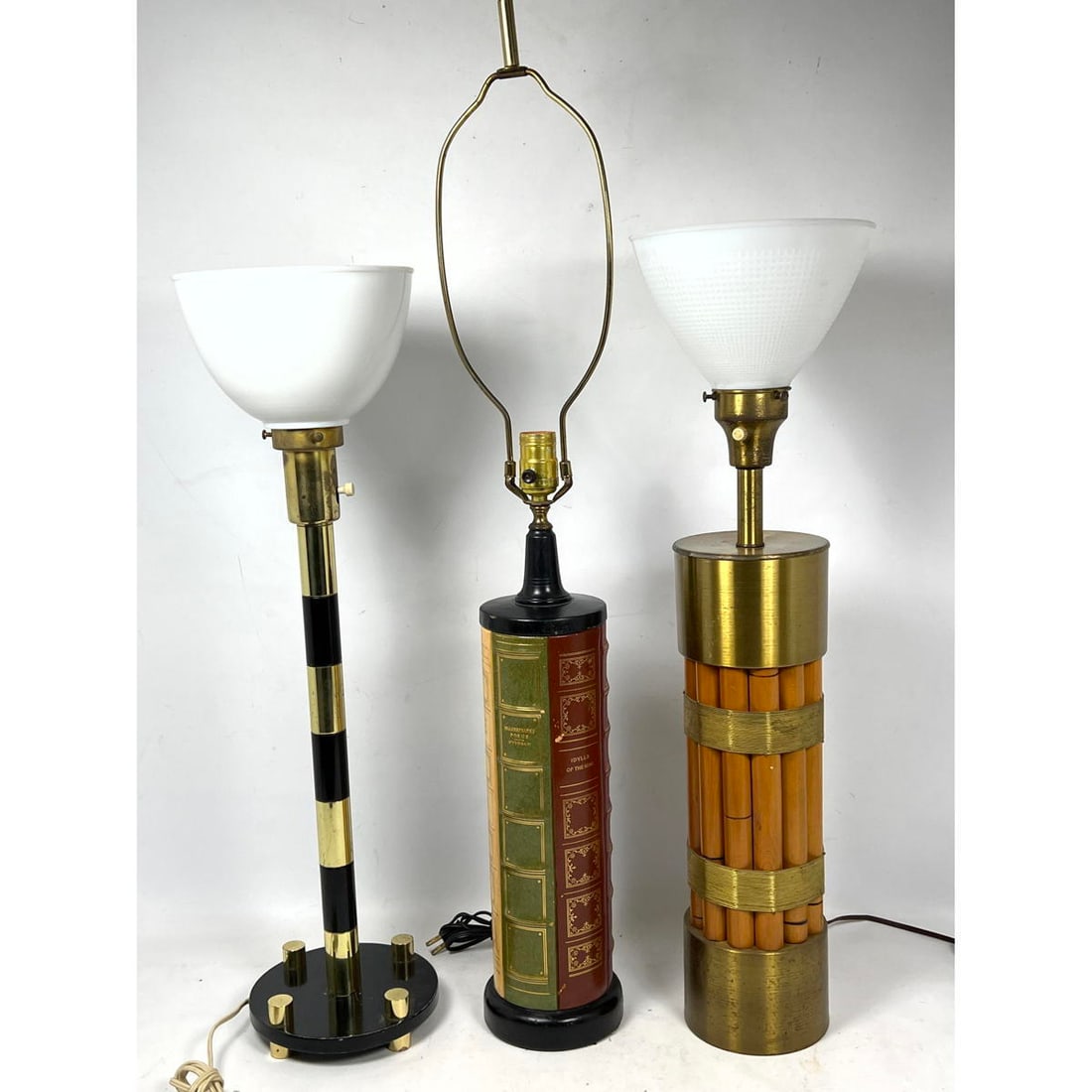 3pc Mid Century Modern Lamps. Russel Wright Style Bamboo and Brass Wire Wrapped Column Lamp. Leather (1 of 8)